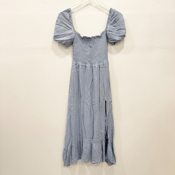 Reformation Dresses & Skirts - Reformation Meadow Midi Dress in Mineral Blue Small Front Slit Puff Short Sleeve